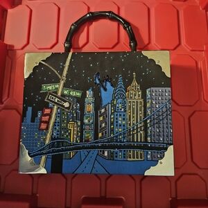 Vintage Bueno Cigar Box Purse W/ Black Bamboo Handle & Beaded Skyline